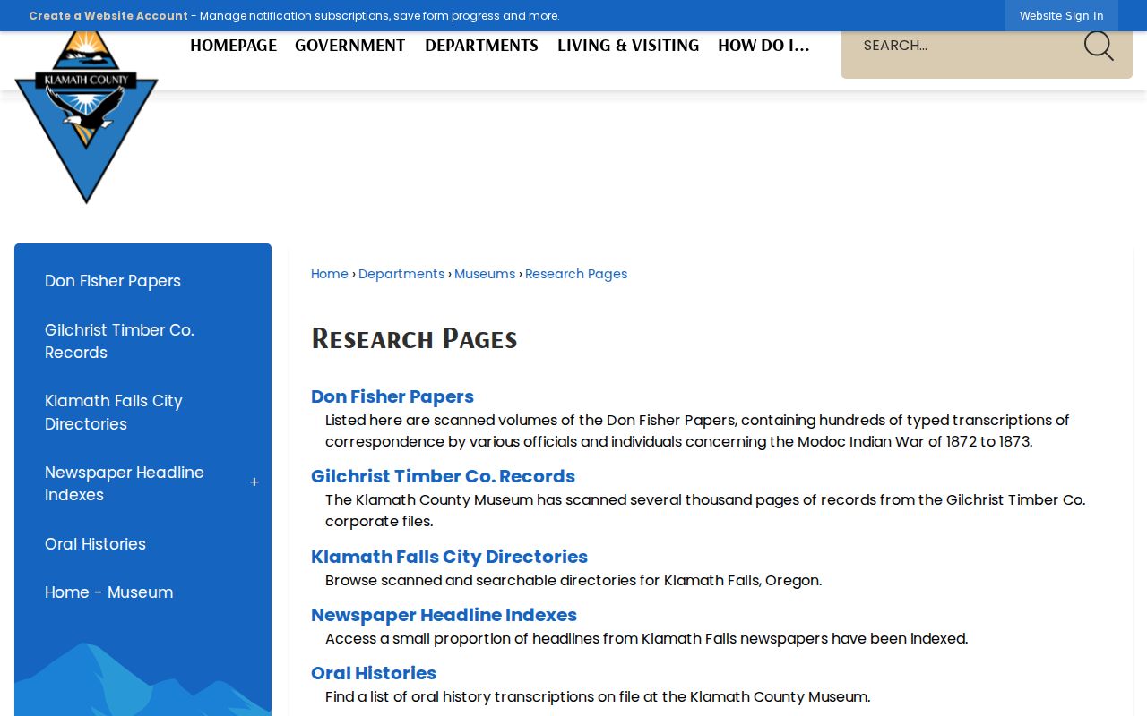 Klamath Falls residents directory County Museum research pages