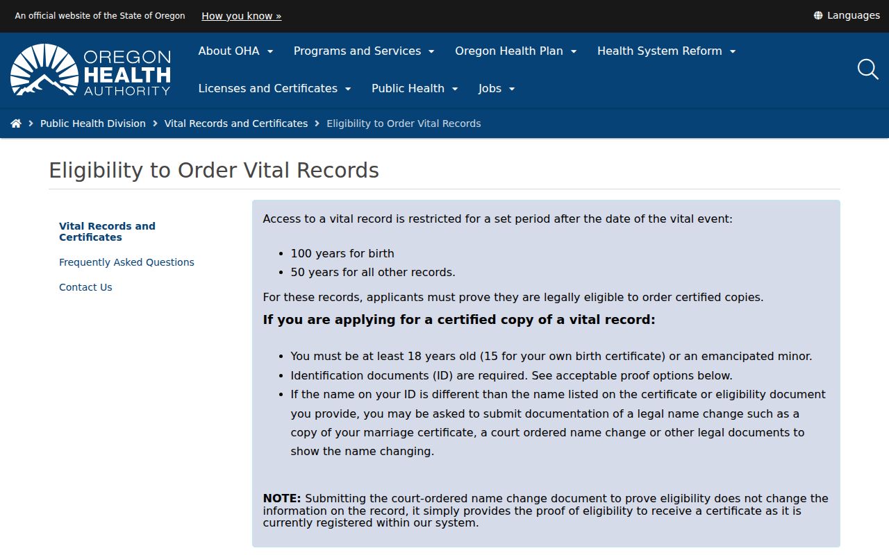 Klamath Falls resident lookup Oregon vital record eligibility guidance