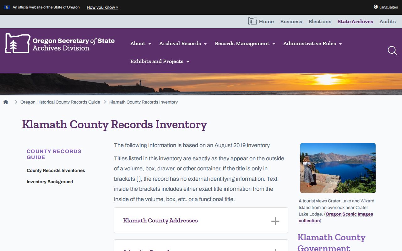 Klamath Falls street directory reference to the Oregon State Archives Klamath County inventory