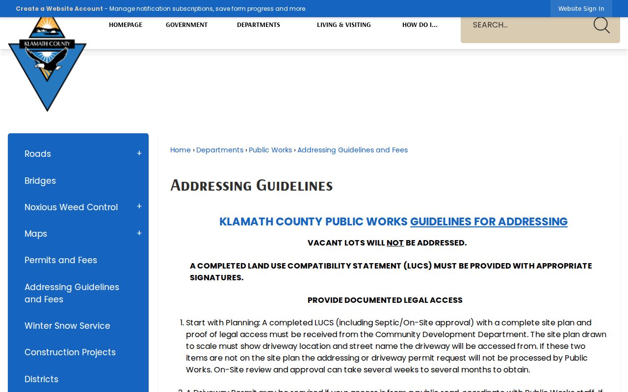 Klamath Falls ZIP code county addressing guidelines